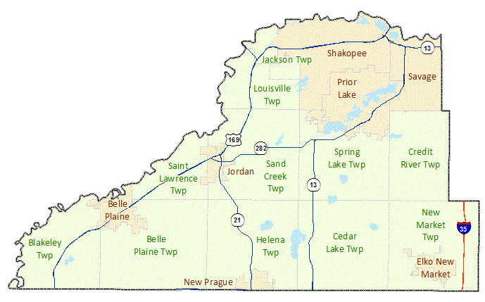 Scott County image map with links to city and township maps