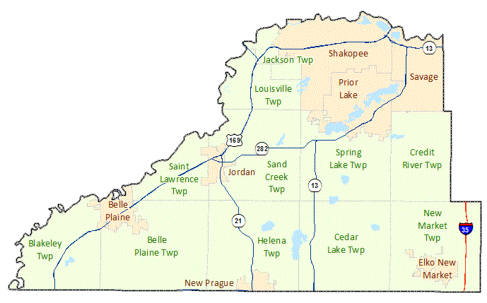 Scott County image map with links to city and township maps.