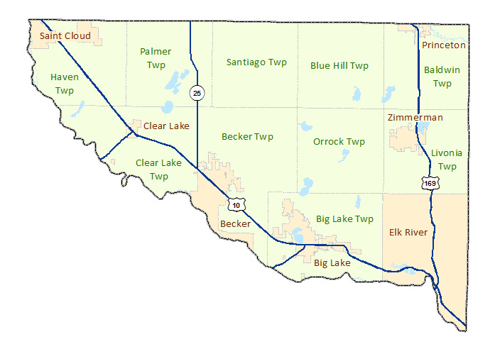 Sherburne County image map with links to city and township maps