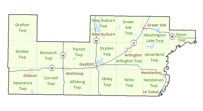 Sibley County image map with links to city and township maps