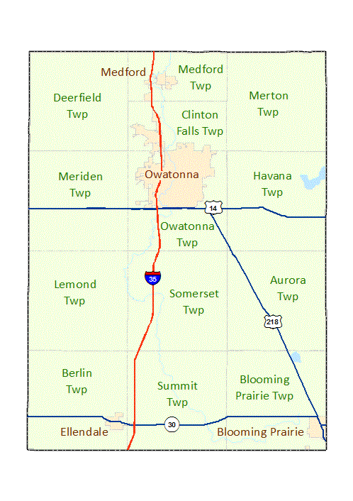 Steele County image map with links to city and township maps