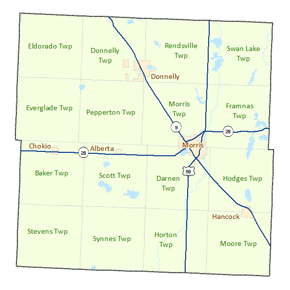 Stevens County image map with links to city and township maps
