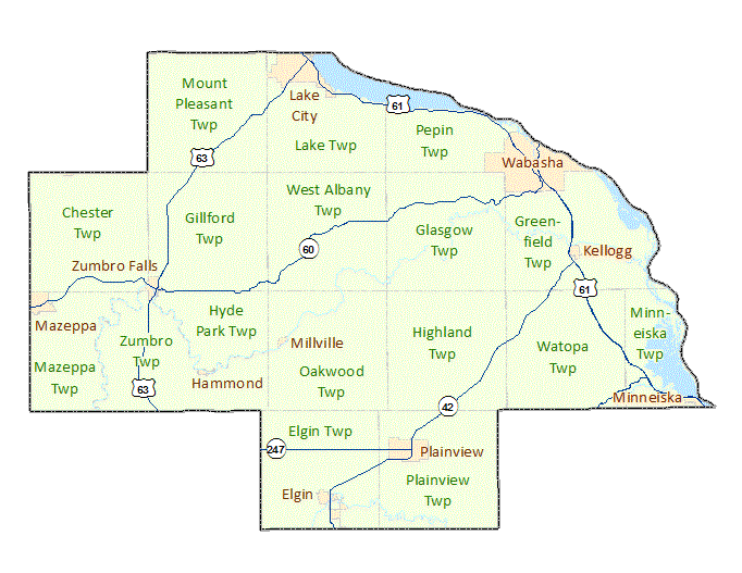 Wabasha County image map with links to city and township maps