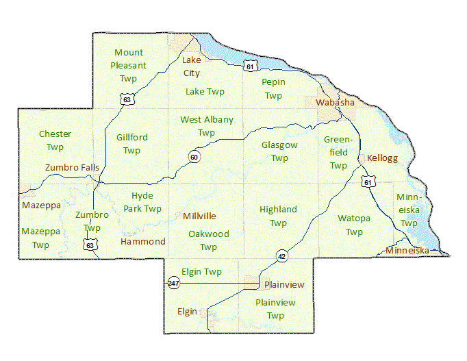 Wabasha County image map with links to city and township maps.