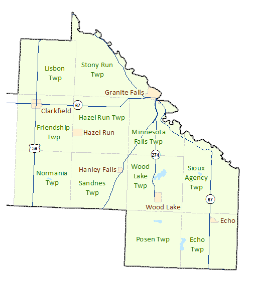 Yellow Medicine County (East) image map with links to city and township 