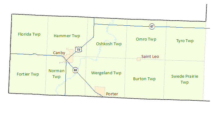 Yellow Medicine County (West) image map with links to city and township maps