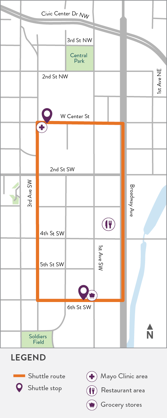 Map of the Med City Mover Route, showing stops at the Mayo Clinic and Grocery Stores