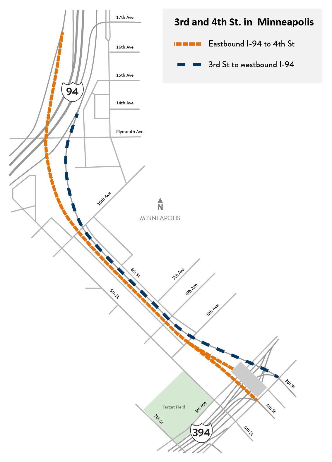Eastbound I-94 to 4th Street ramp and 3rd Street to westbound I-94 ramp in Minneapolis project area map.