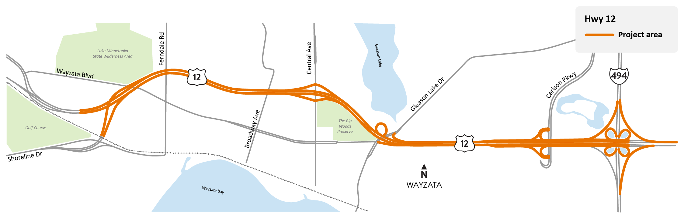 Highway 12 between Shoreline Drive in Wayzata and I-494 in Minnetonka project location map