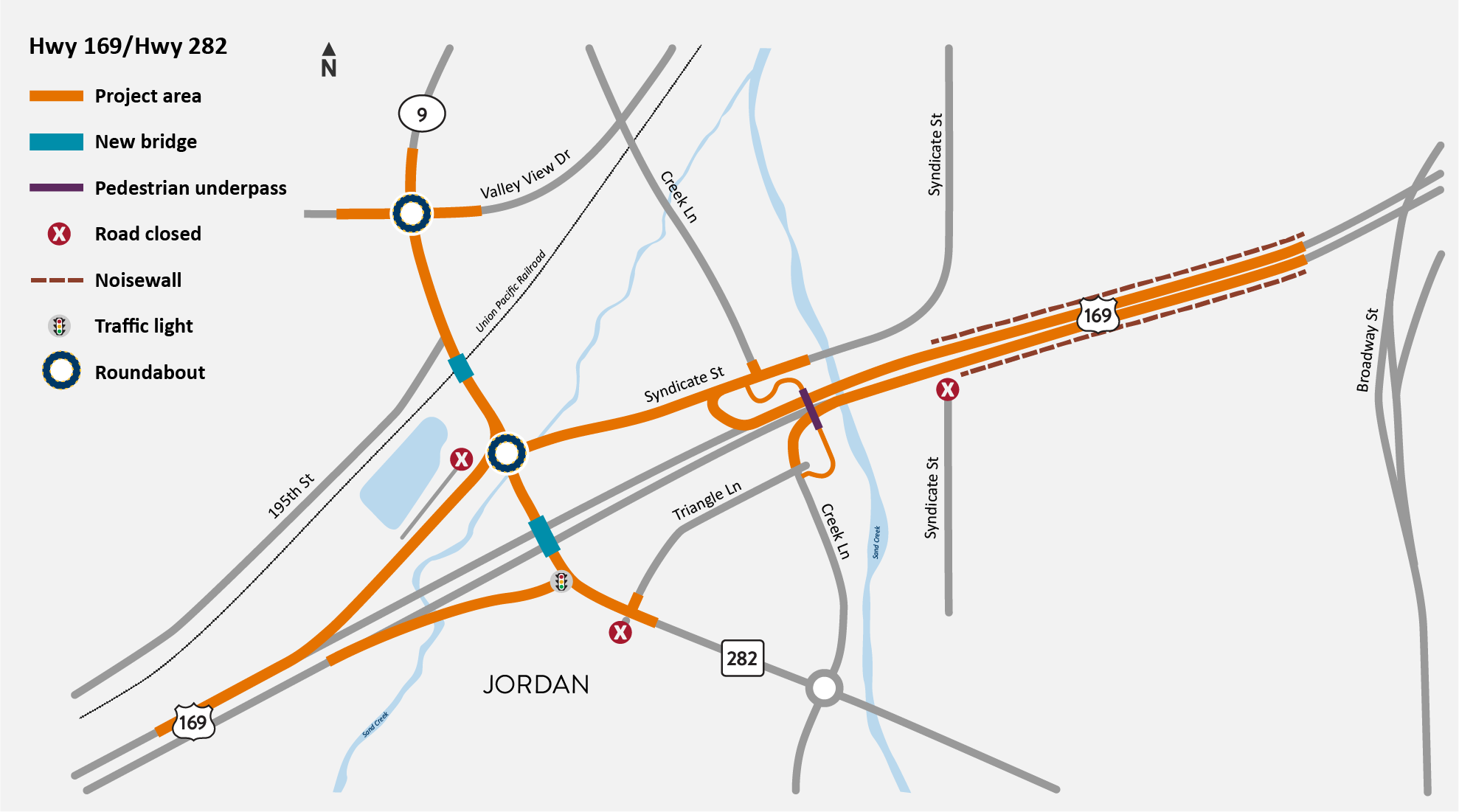 Intersection of Hwy 169 and Hwy 282/Co. Rd. 9 in Jordan project location map