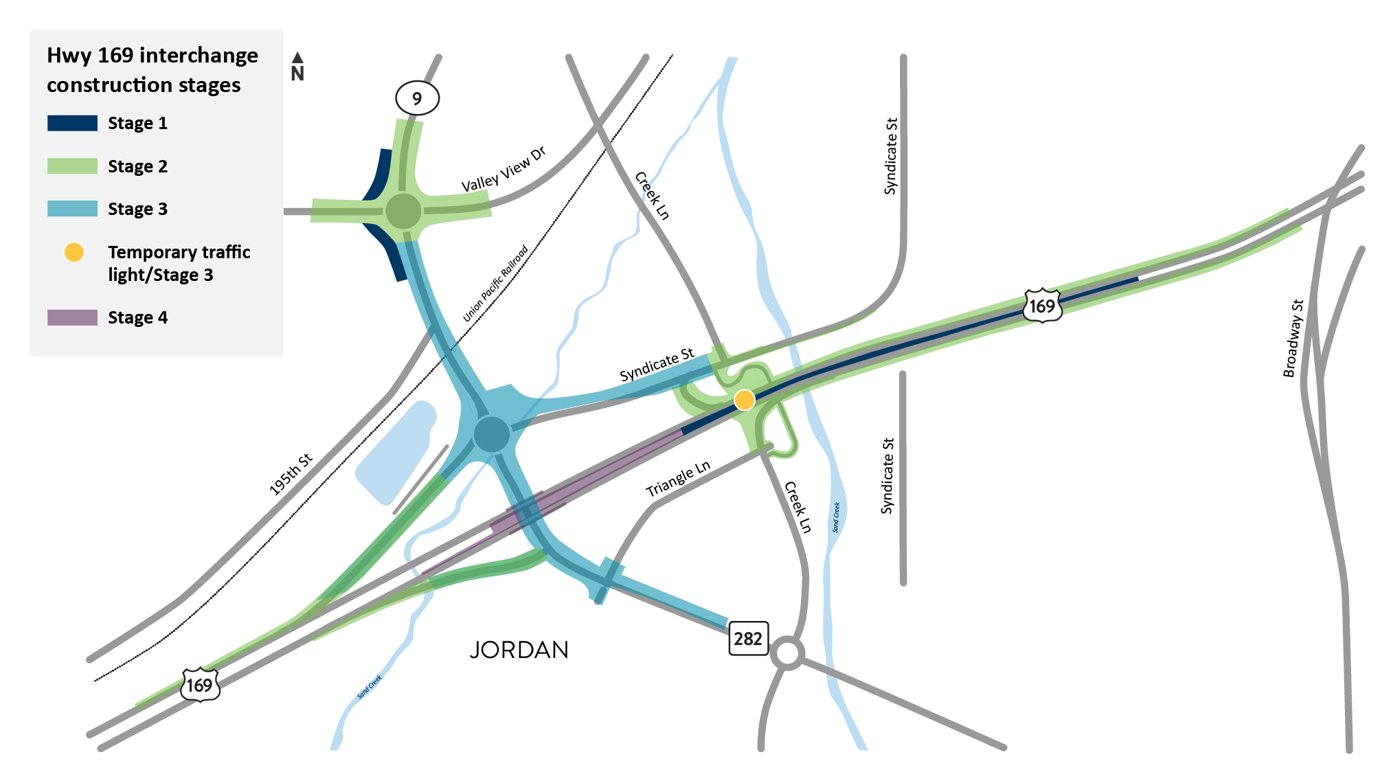 Intersection of Hwy 169 and Hwy 282/Co. Rd. 9 in Jordan project staging map