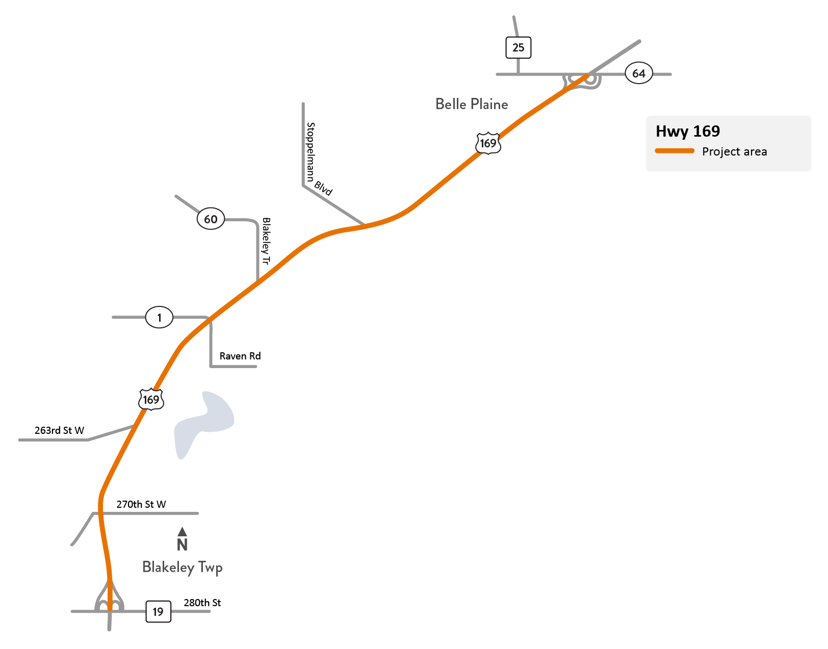 Hwy 169 between Hwy 25 in Belle Plaine and Hwy 19 in Blakeley Township project location map