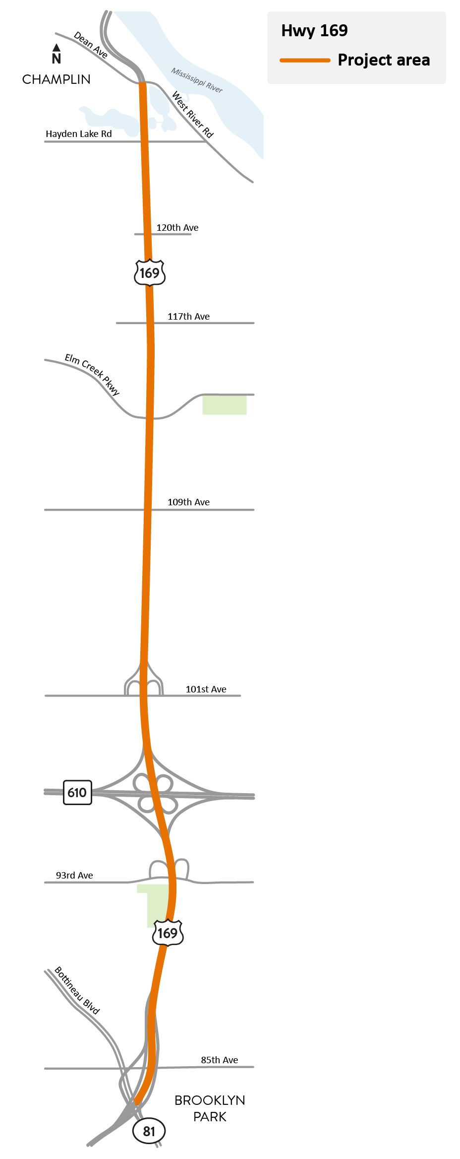 Highway 169 between Co. Rd. 81/Bottineau Blvd. in Brooklyn Park and West River Rd./Dean Ave. in Champlin project area map.