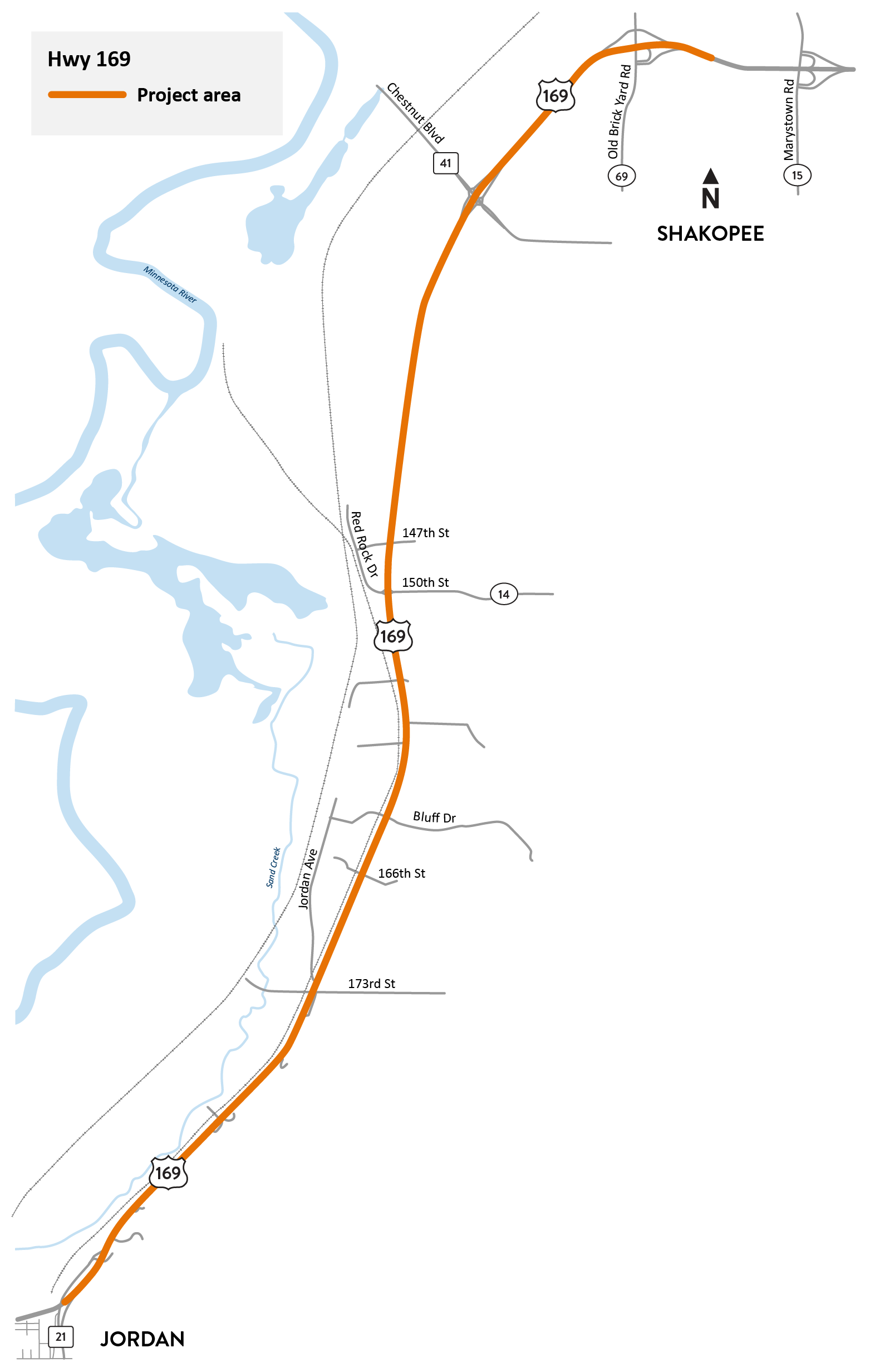 Highway 169 between Hwy 21 in Jordan and Co. Rd. 15/Marystown Rd. in Shakopee project location map