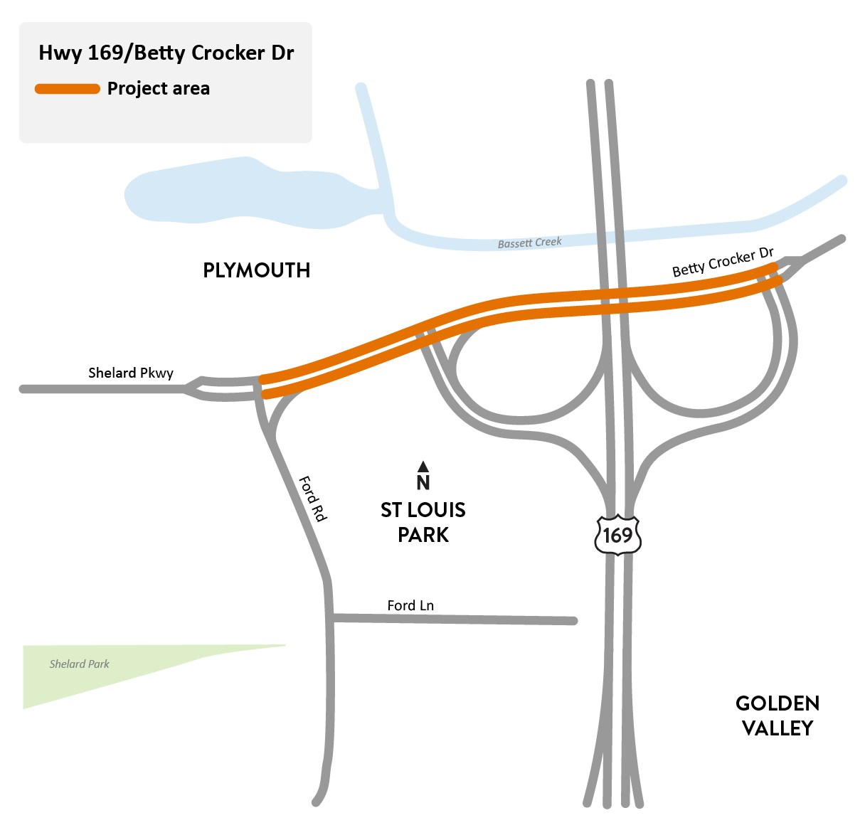 Highway 169 at Betty Crocker Drive on the border of Plymouth, St. Louis Park and Golden Valley project location map