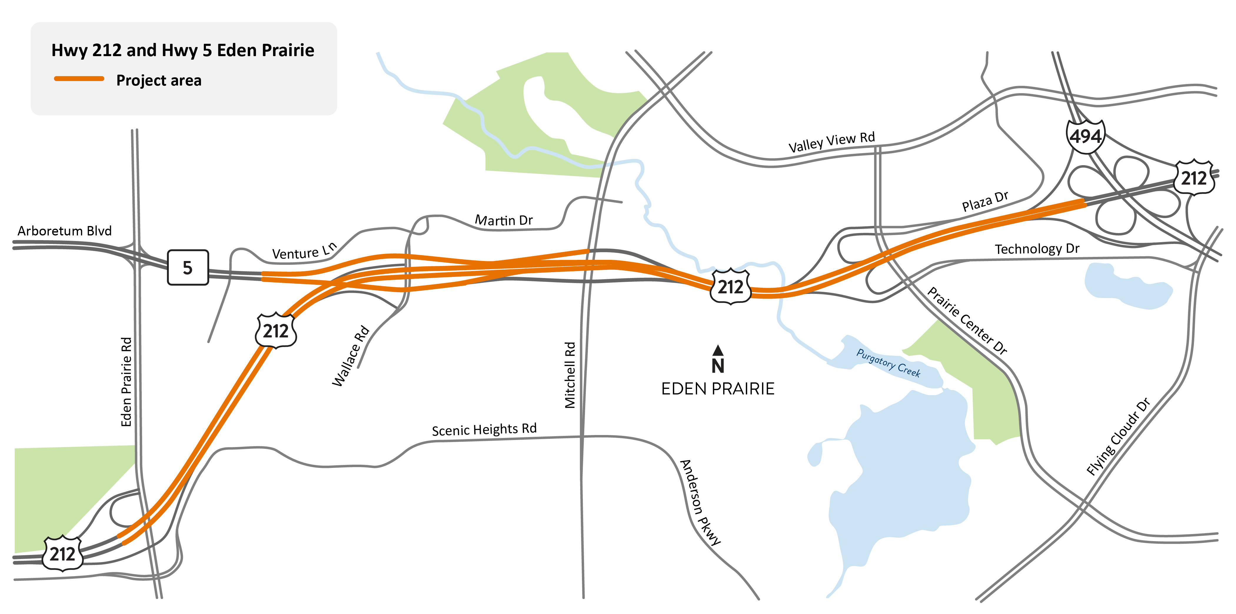 Highway 212 and Highway 5 between Eden Prairie Road and I-494 in Eden Prairie project location map