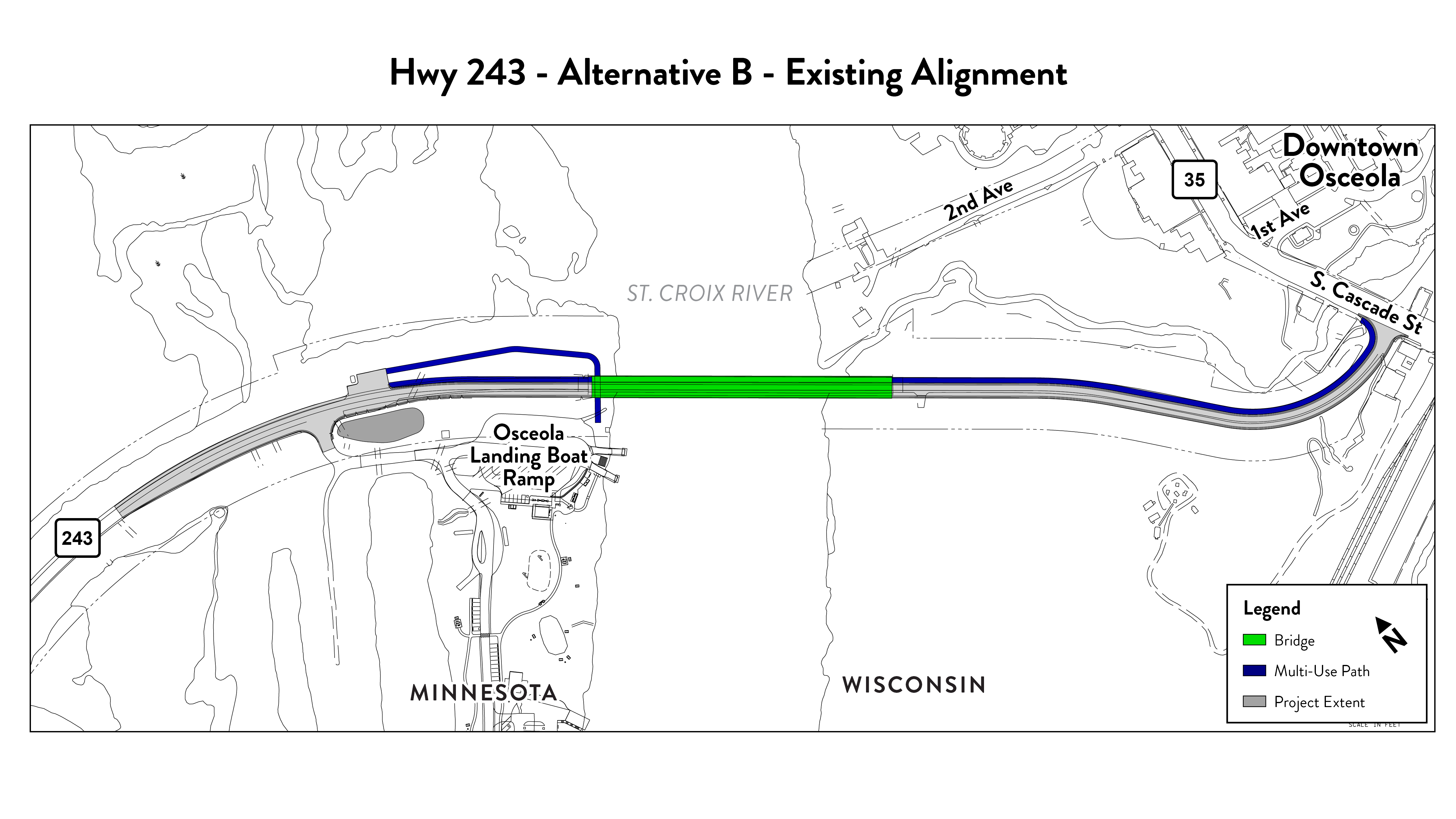 Shows alternative B, including construction limits, proposed and existing road, and path for people walking or biking.