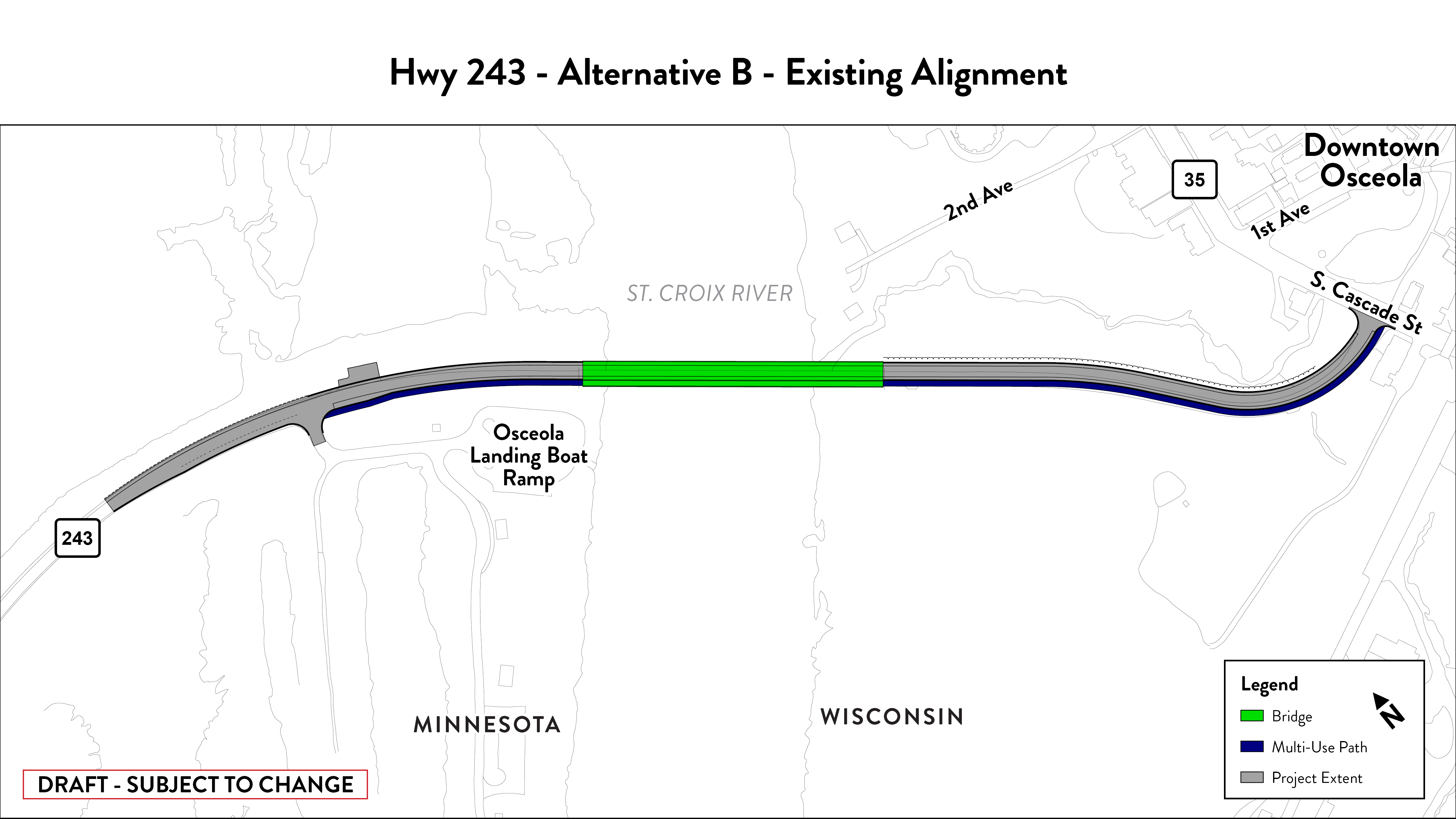 Shows alternative B, including construction limits, proposed and existing road, and path for people walking or biking.