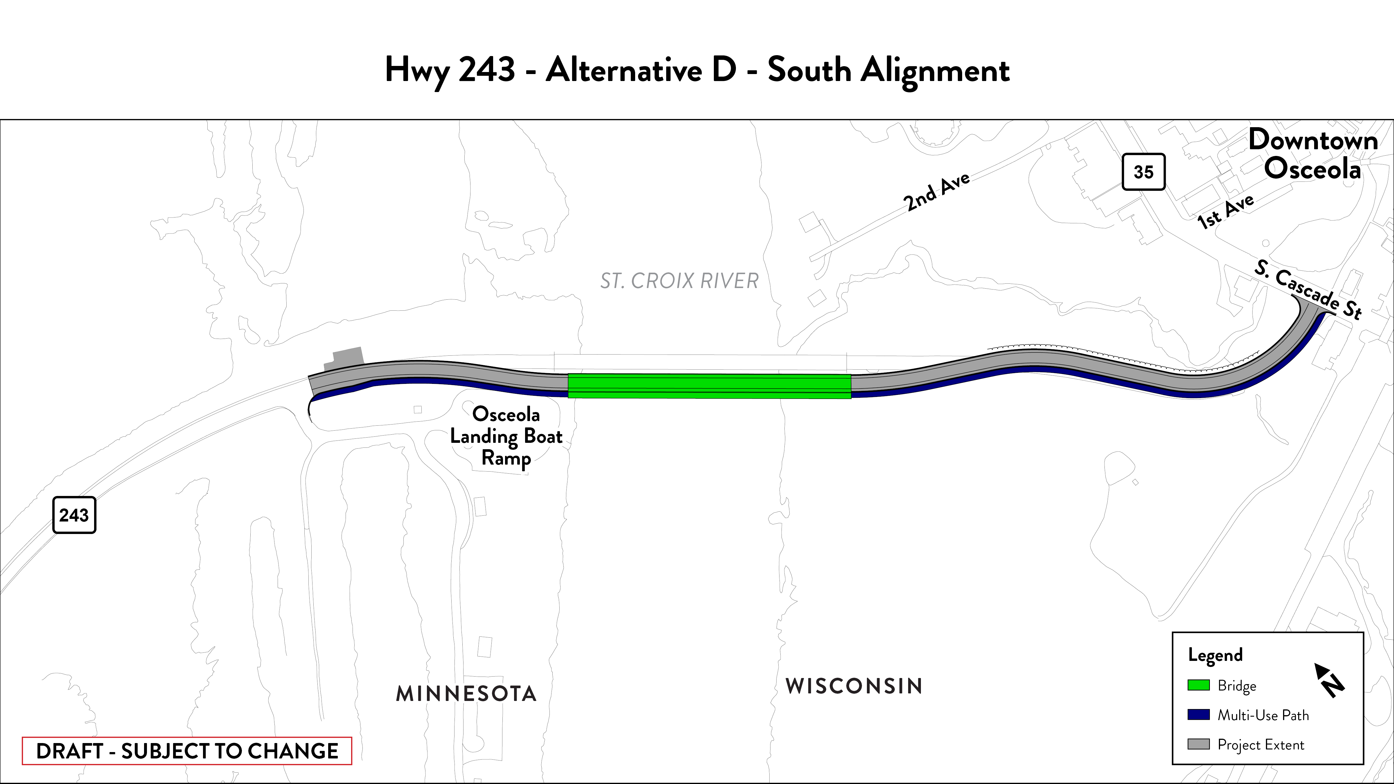 Shows alternative D, including construction limits, proposed and existing road, and path for people walking or biking.
