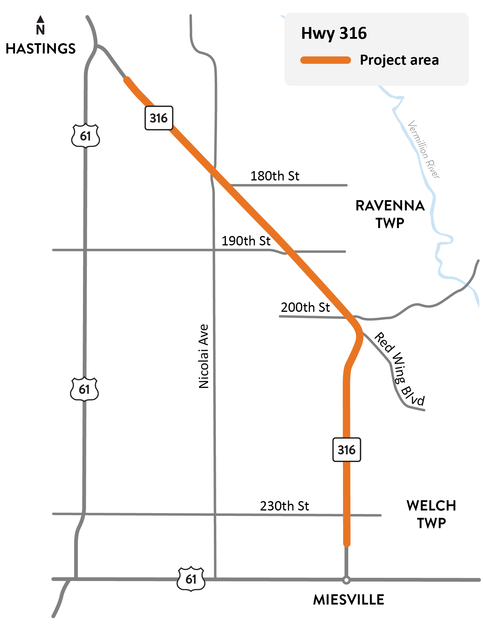 Highway 316 between south junction of Highway 61 near Welch Township and Tuttle Drive in Hastings project location map