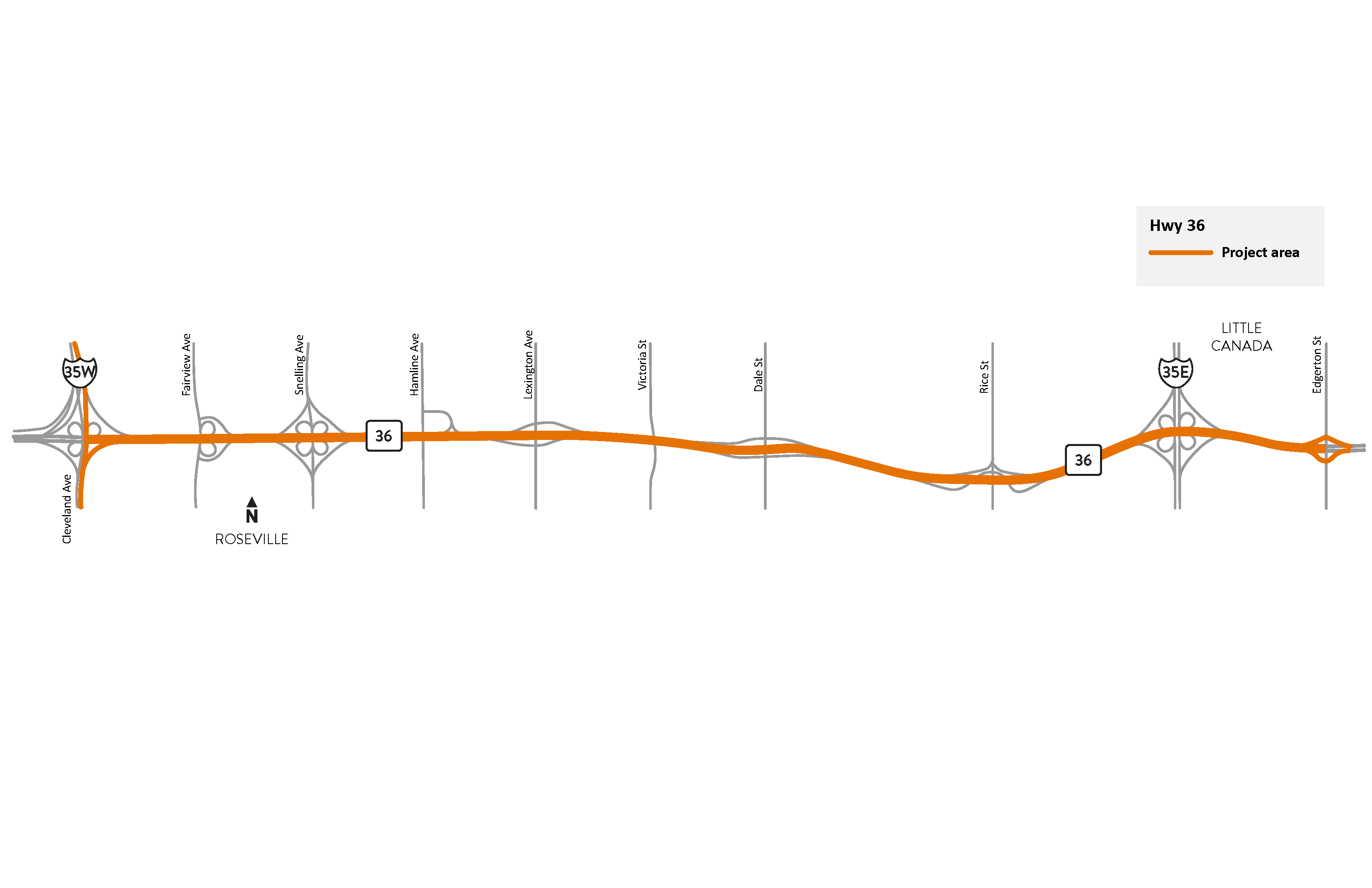 Hwy 36 from I-35W in Roseville to Edgerton Street in Little Canada project location map
