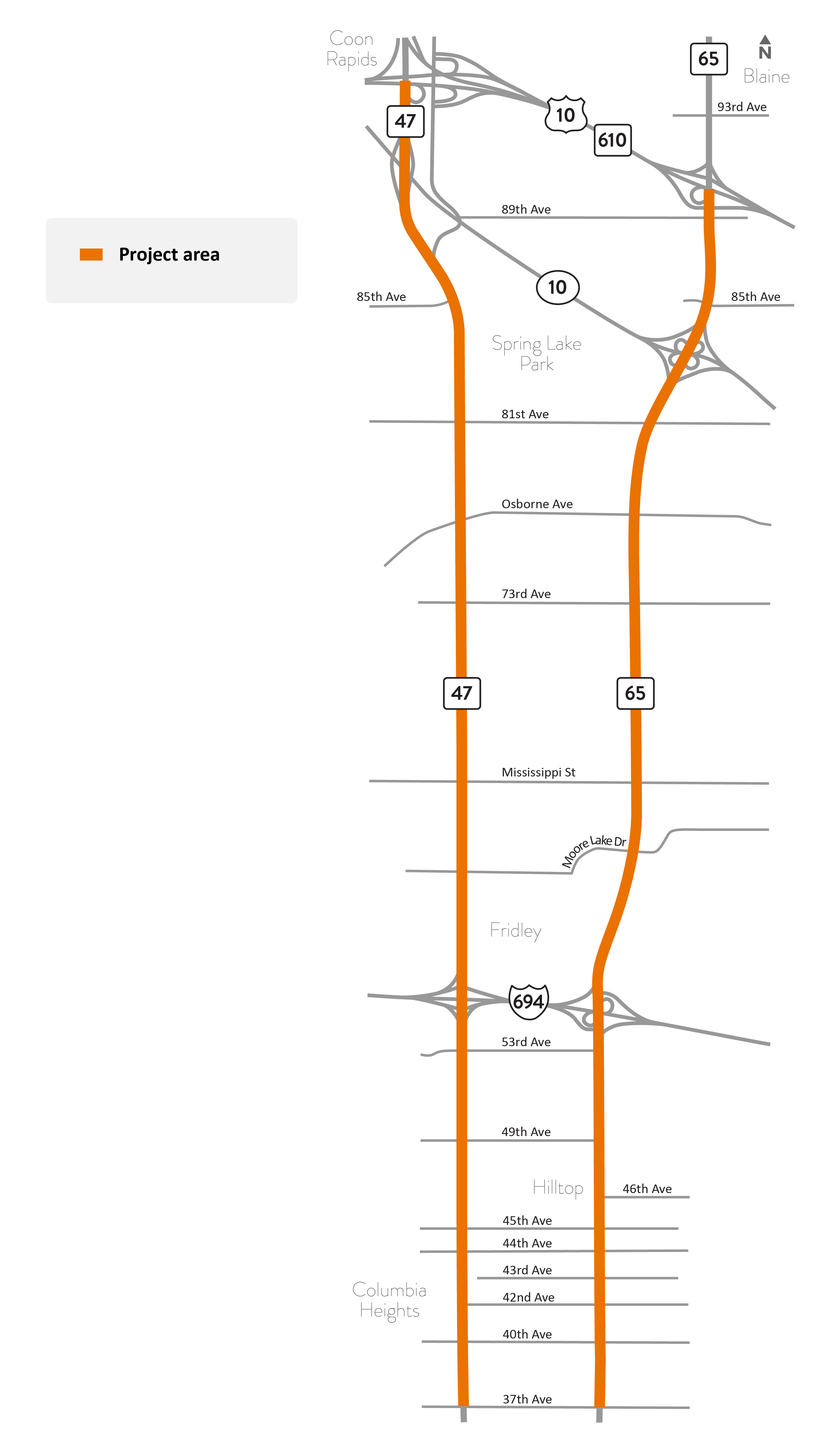 Highway 47 and highway 65 project area map from the Hennepin-Anoka County line in Columbia Heights to Hwy 10 in Coon Rapids
