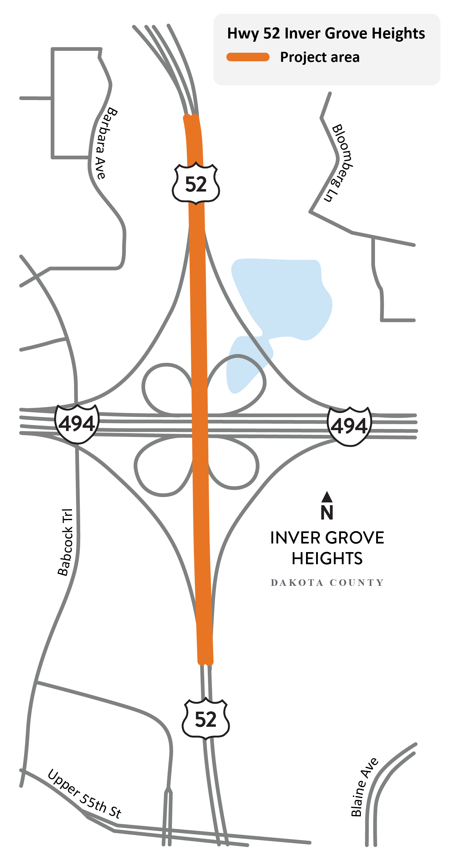 Highway 52 over I-494 in Inver Grove Heights project location map