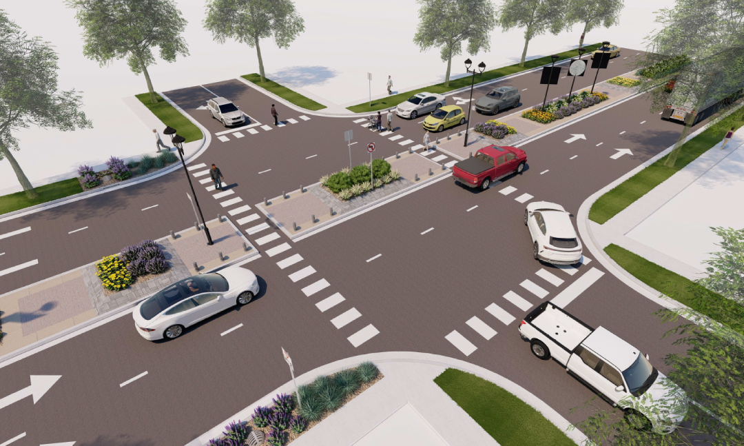 Graphical rendering of center median on Highway with improved pedestrian improvements