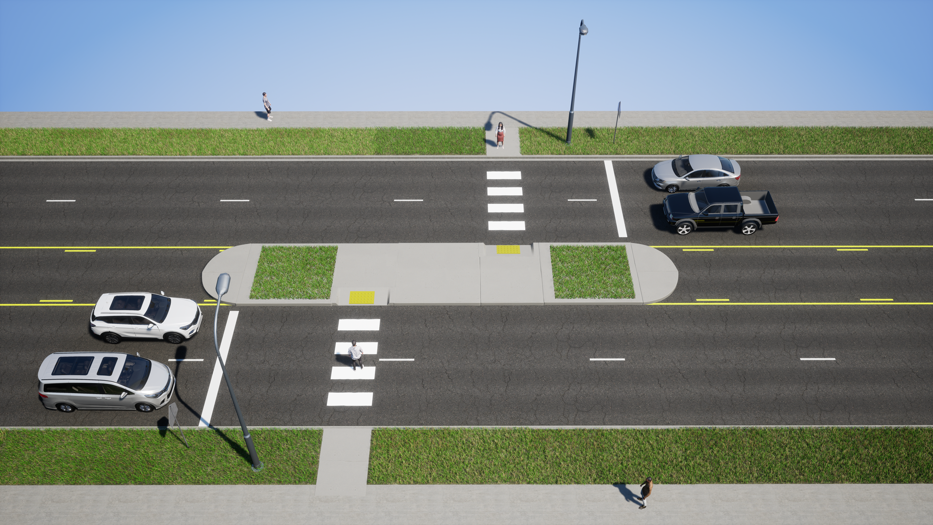 Example of a Z-path pedestrian crossing with a center median