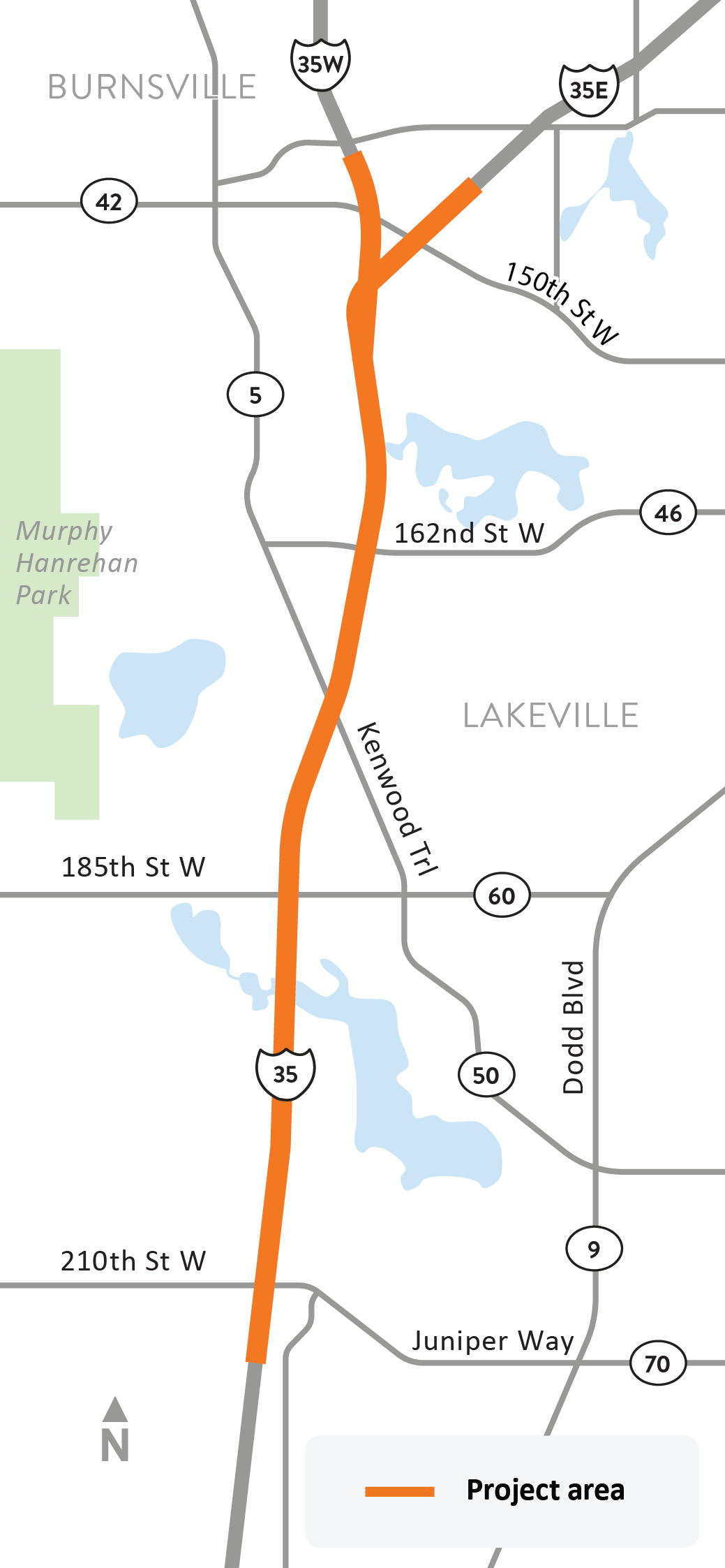 I-35 between the I-35/35E/35W split in Burnsville and 210th Street in Lakeville study location map
