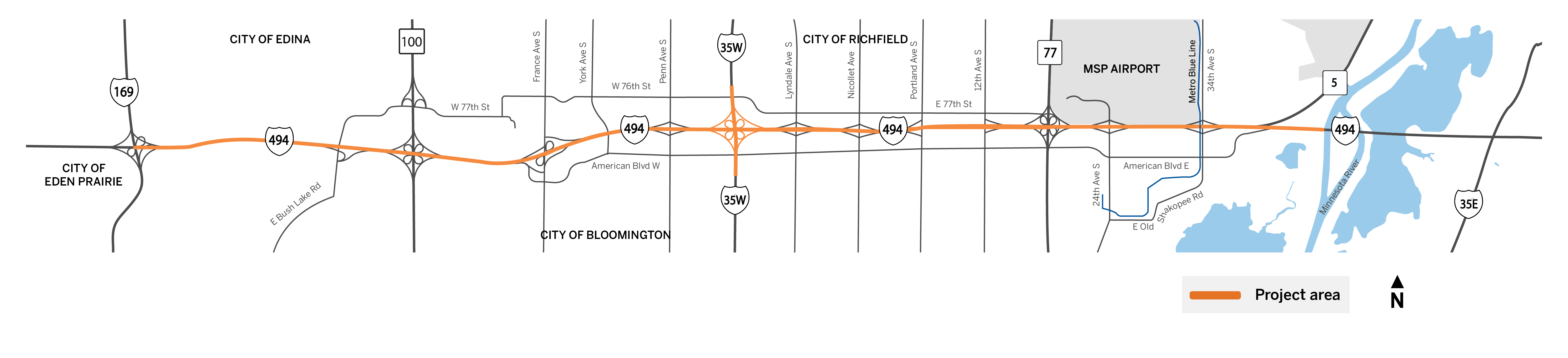 I-494 between MSP International Airport and Highway 169 project location map