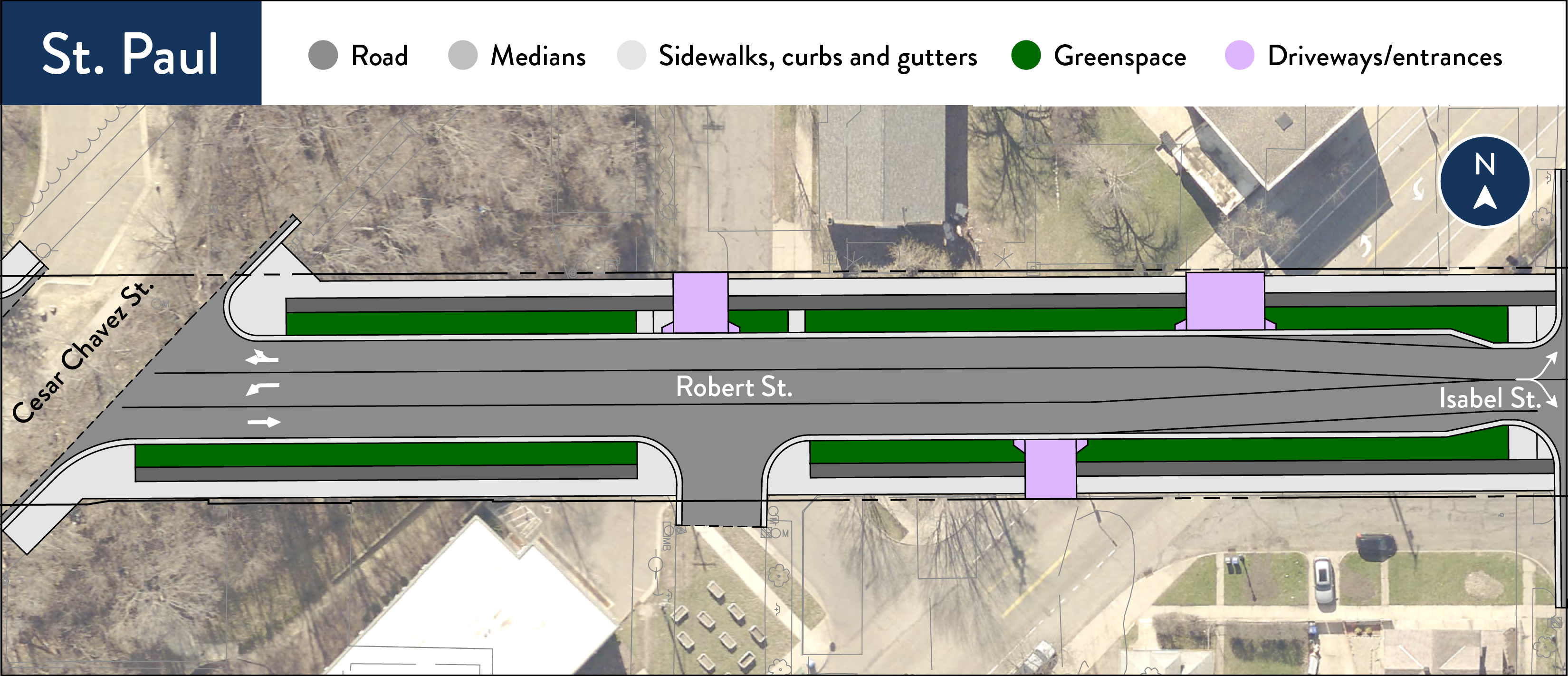 Example map of design option from Cesar Chavez St. to Isabel St. that prioritizes pedestrian space and business frontage