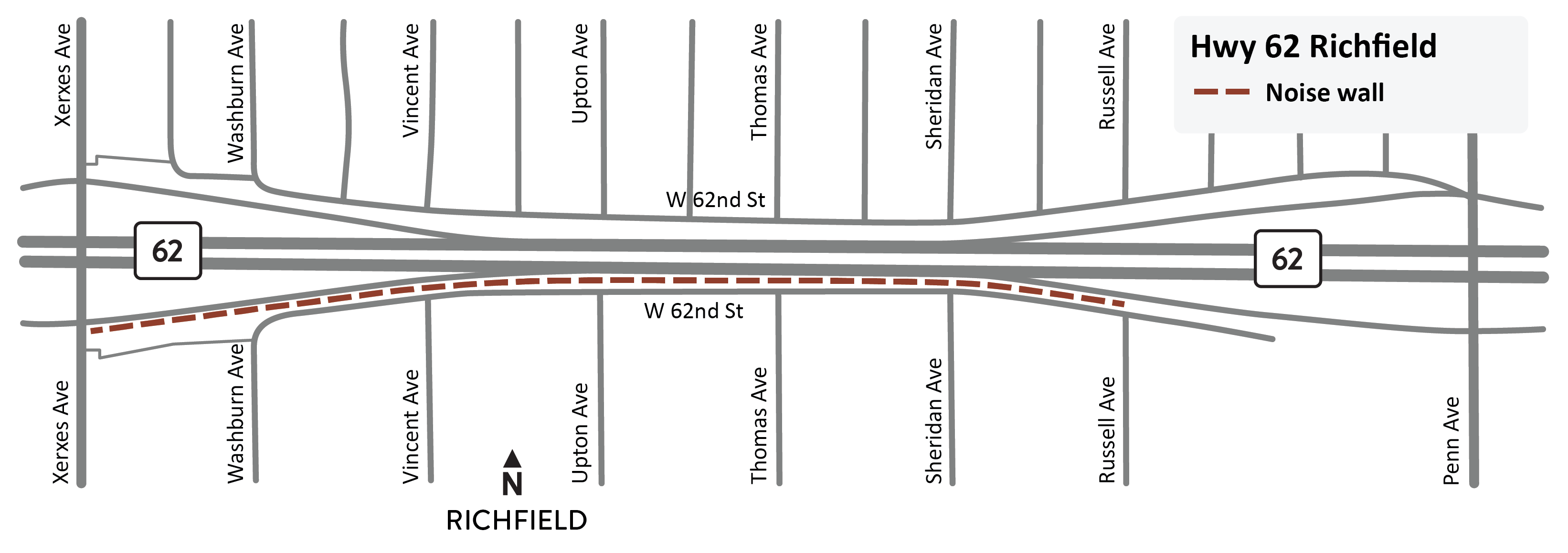 Eastbound Highway 62 between Xerxes Avenue and Russel Avenue in Richfield project area map