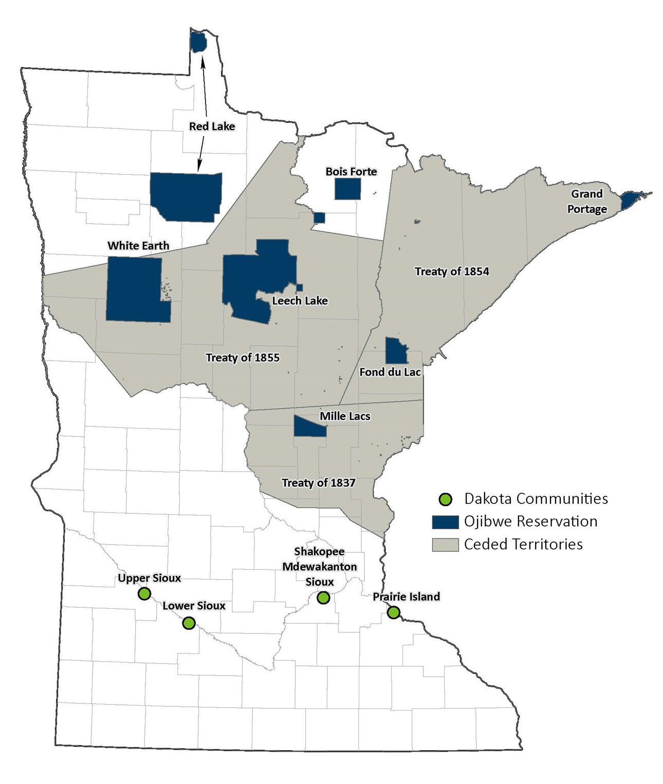 Map of Tribal Boundaries within Minnesota. Map depicts Dakota Communities with a green circle and Ojibwe Reservations with a blue shape. Grey areas denote the ceded territories by treaty.