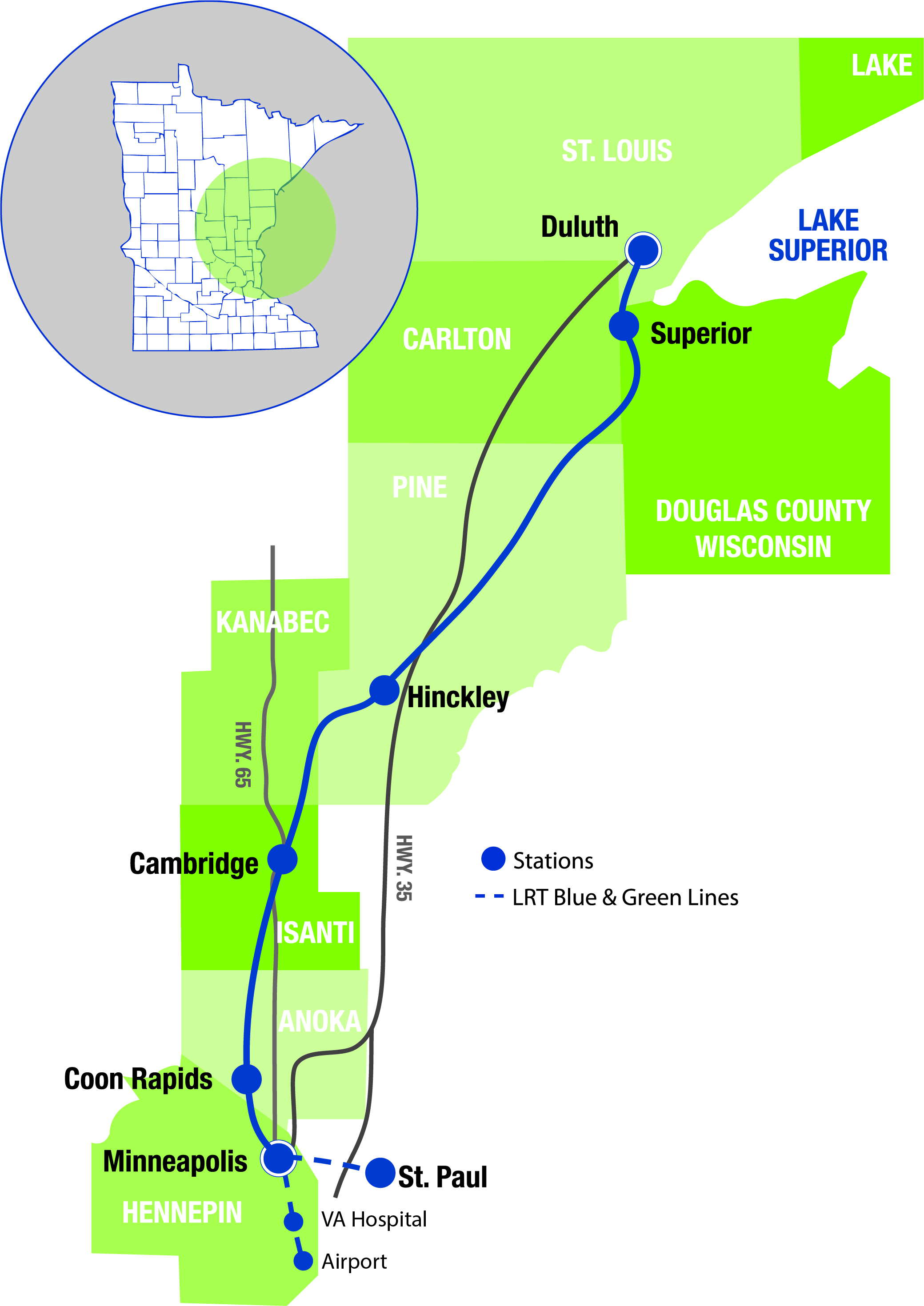 Map of the Northern Lights Express corridor