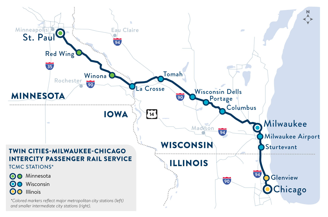 Map of potential Twin Cities-Milwaukee-Chicago intercity passenger rail service (formerly referred to as 2nd Train).