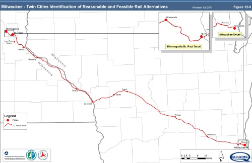 milwaukee-twin cities identification of reasonable and feasible rail alternatives - route 1, existing Amtrak route from milwaukee-watertown-portage-tomah-lacrosse-winona-hastings-st.paul-minneapolis