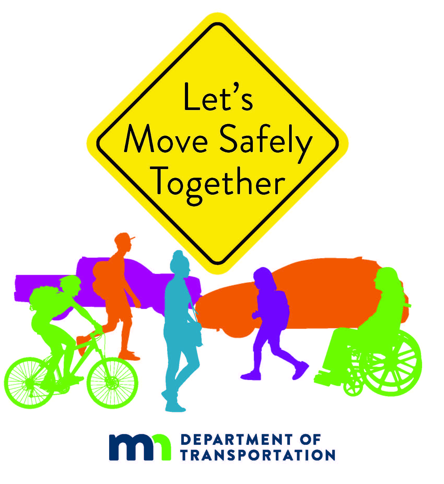 Silhouette of a variety of people and vehicles in front of a road sign that says Let's Move Safely Together