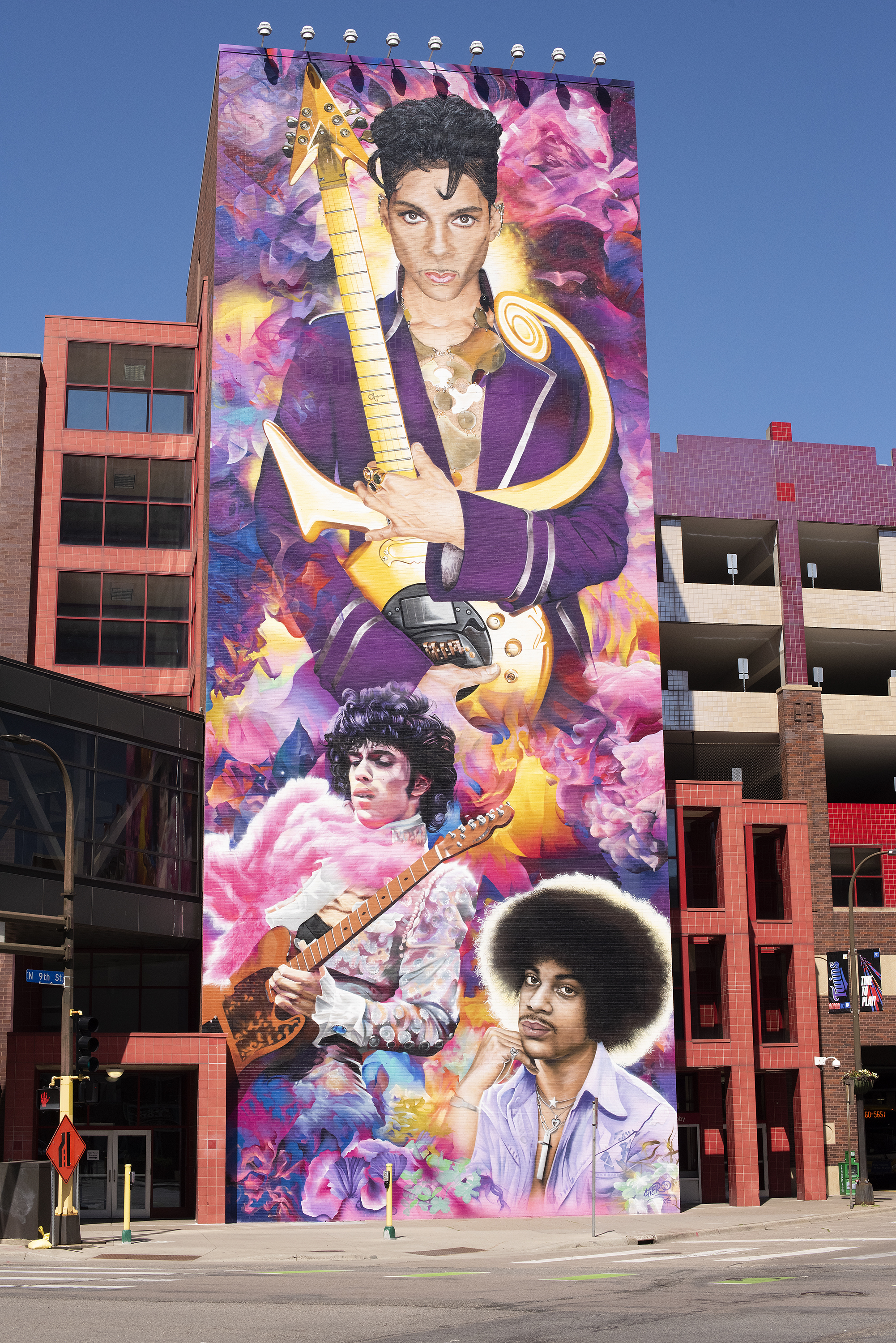 Prince mural on the side of the ABC Ramps building in downtown Minneapolis