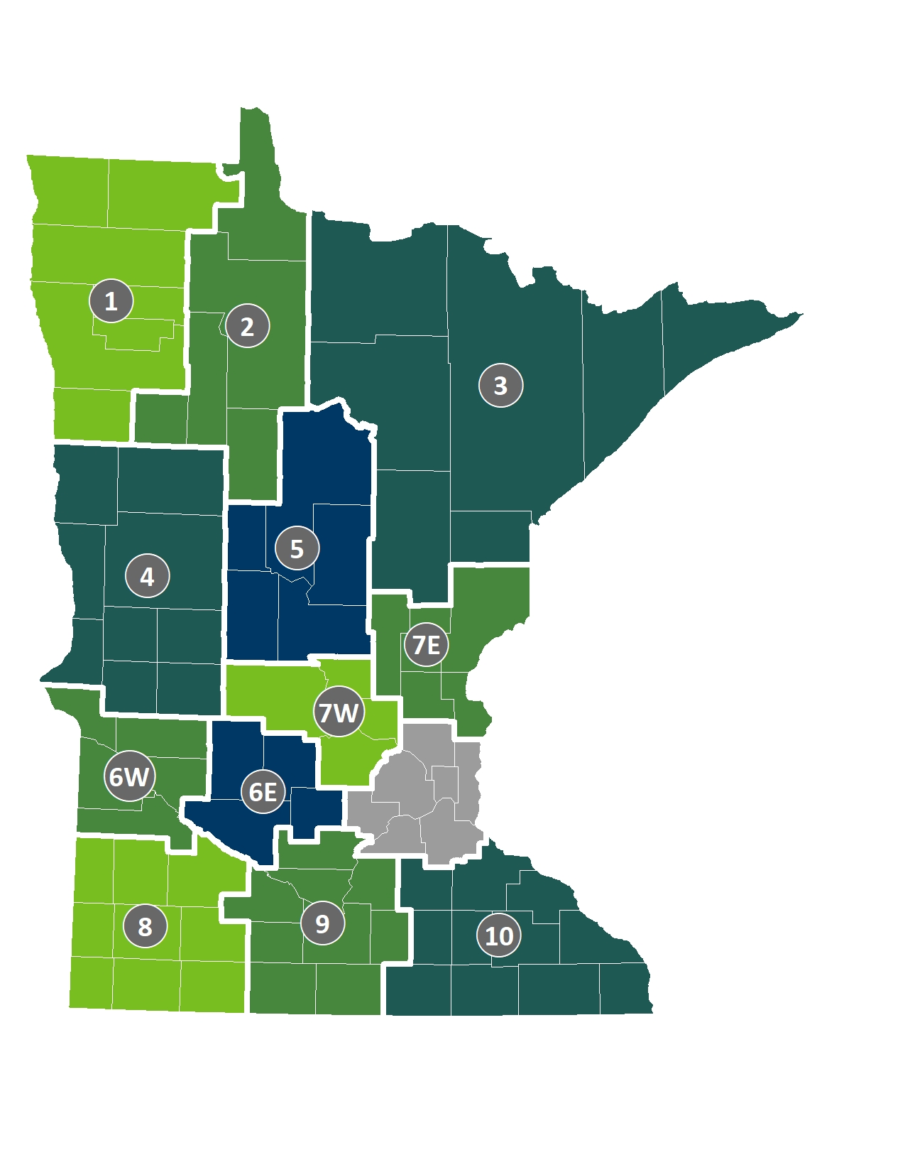 A map showing the 12 regional development areas in Minnesota, which follow county boundaries. Regions 1 and 2 are in northwest Minnesota. Region 3 is in northeast Minnesota. Region 4 is in west central Minnesota. Regions 5, 6E, and 7W are in central Minnesota. Region 7E is in east central Minnesota. Regions 6W and 8 are in southwest Minnesota. Region 9 is in south central Minnesota. Region 10 is in southeast Minnesota. The seven county Twin Cities metro area is not in a regional development area