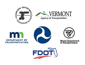 Logos of organizations which particiated in the FHWA/MnDOT peer exchange. These include the Orgeon Department of Transportation; the Vermont Agency of Transportation; the Lillinois Department of Transportation, and the Florida Department of Transportation