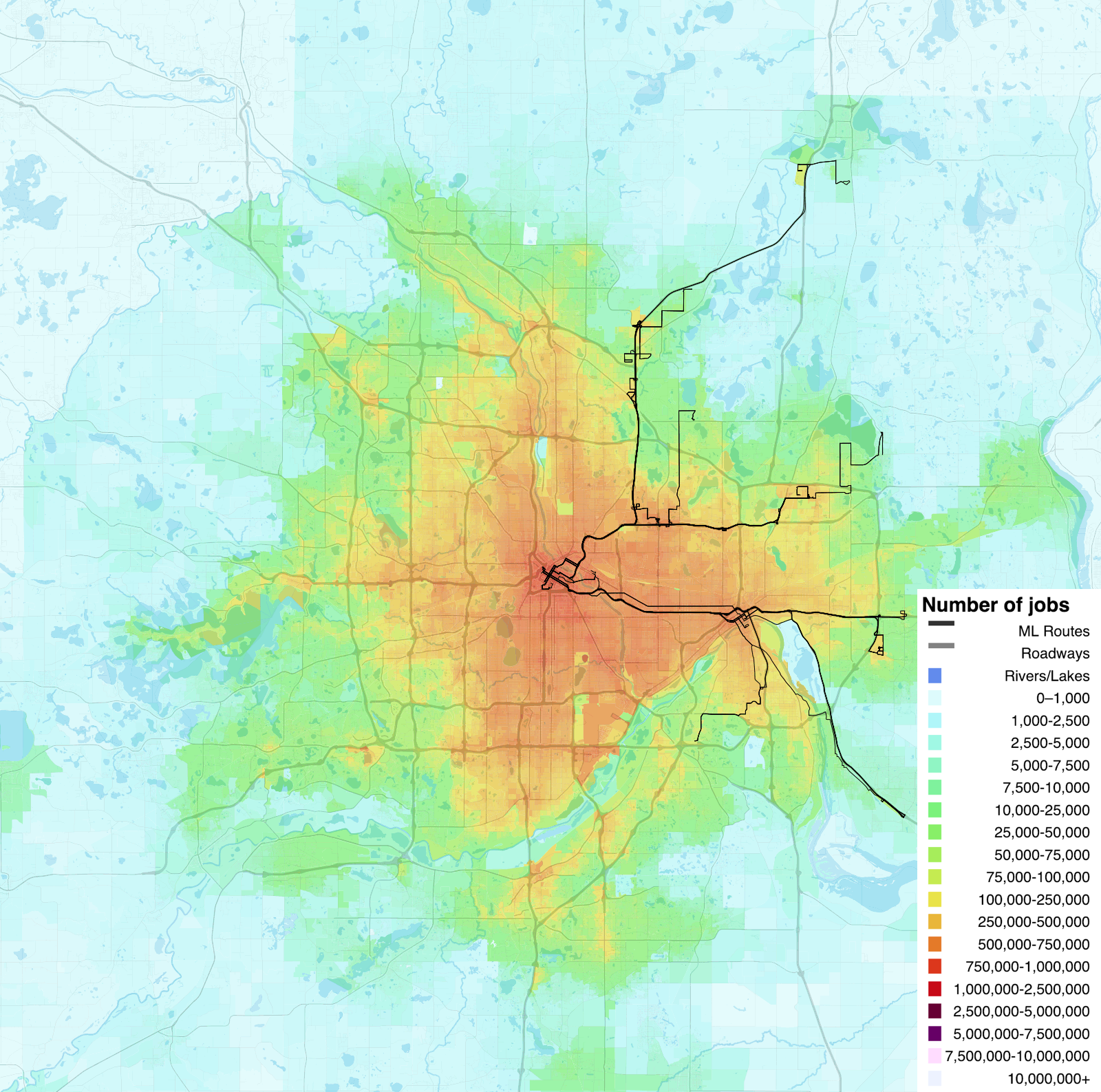 This map of I-35W and north I-94 shows how job accessibility via transit intensifies as riders get closer to downtown Minneapolis.
