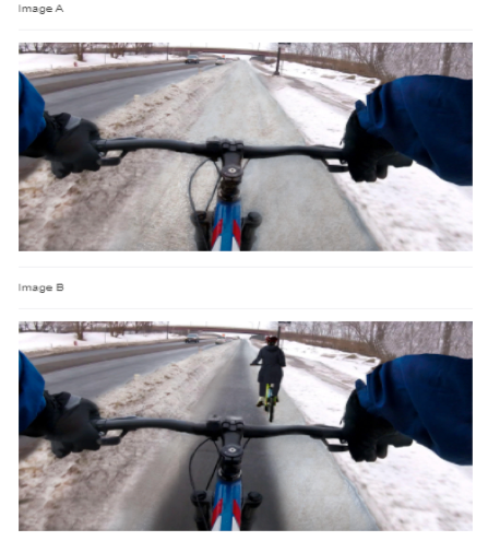 Paired photographs show bike lanes in winter along a roadway from the point of view of the gloved cyclist, looking forward over the handlebars. The upper image shows a bike lane with some snow and no other riders. The lower image shows a lane with a bare pavement path and another cyclist ahead. 