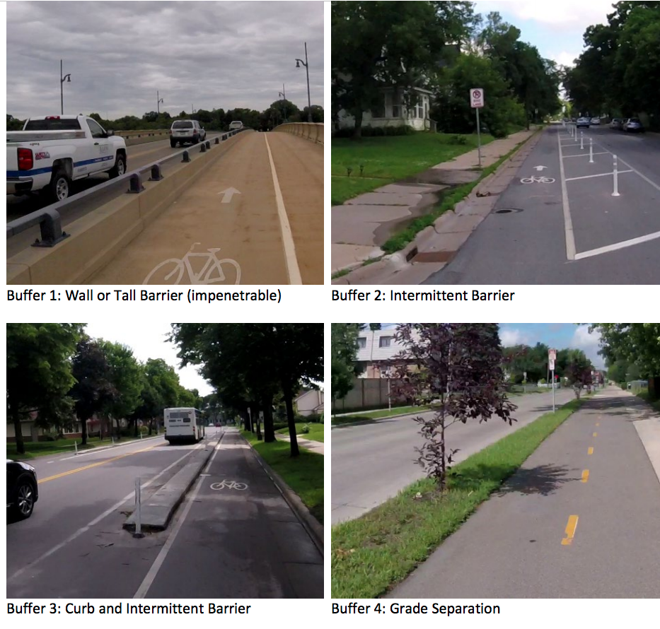 Four photographs show different bike land designs along roadways: a lane with (clockwise, from left) a low metal bar barrier, intermittent flexible posts, a raised curb and a lane that is completely separate from the roadway.