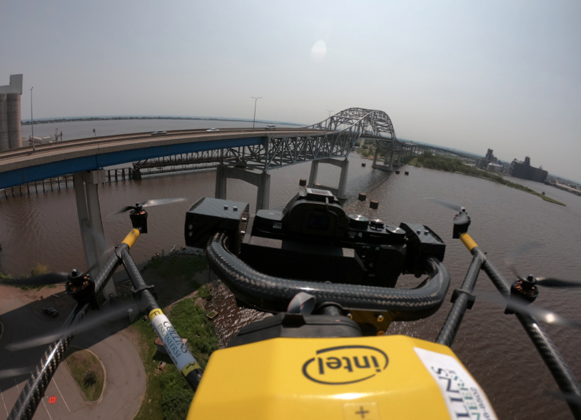 A view of the Blatnik Bridge from the drone as it approaches the arch of the bridge