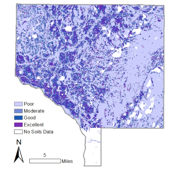 A map of Anoka County Minnesota, shows soil areas differentiated by capacity to infiltrate water. Light lavender areas exhibit poor infiltration, while progressively darker areas represented moderate to good to excellent infiltration rates.