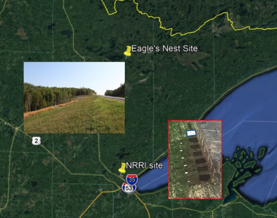 A map of northeastern Minnesota includes locations and photographs of the project's two bioslopes one large bioslope installation along highway 169 at Eagles Nest and a set of bioslope test plots at the National Resources Research Institute at the University of Minnesota Duluth. A western portion of Lake Superior is visible. 