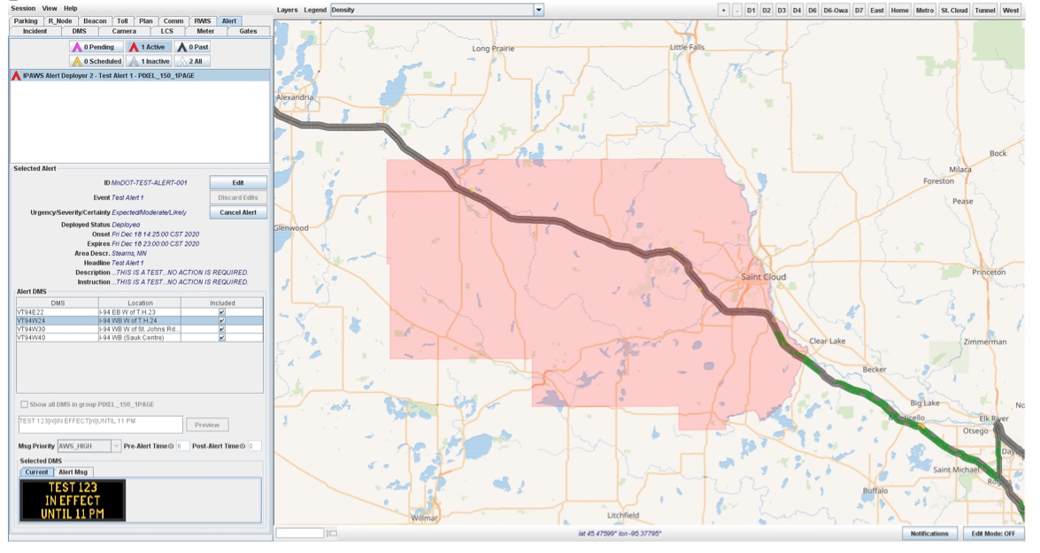 The user interface screen of the IRIS Road Weather Management System shows a map of a portion of the highway under consideration for a DMS alert message on the right two-thirds of the screen and an operator panel on the left third of the screen.