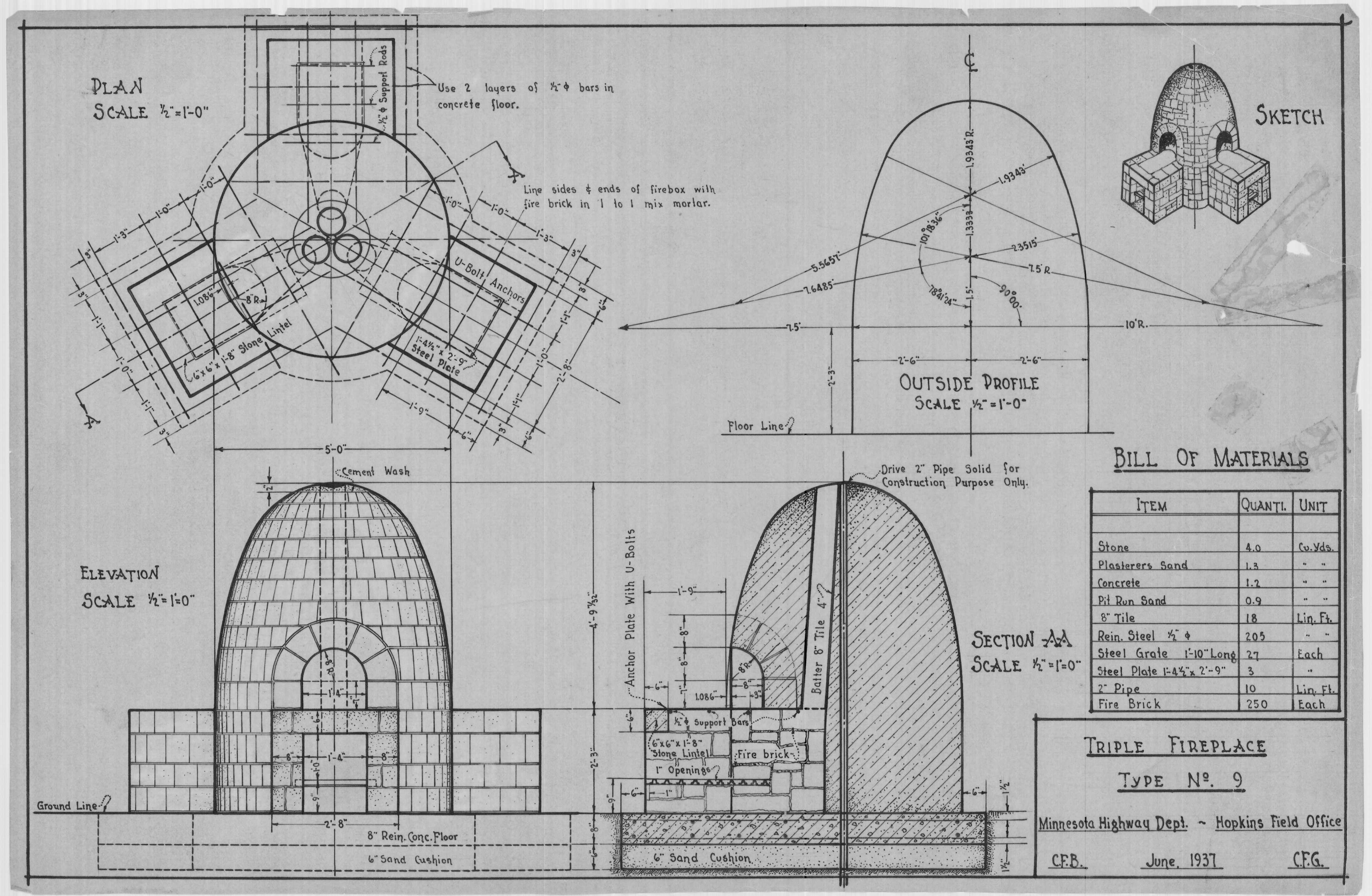 This original plan of a beehive fireplace was drawn in painstaking detail in 1937.