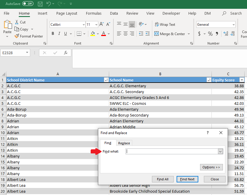 A screenshot showing the control-F function in Excel